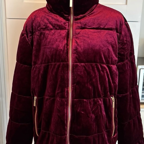 SAKS FIFTH AVENUE BLACK LABEL Burgundy Velvet Full Zip Puff Jacket Zip Pockets L - Picture 8 of 10